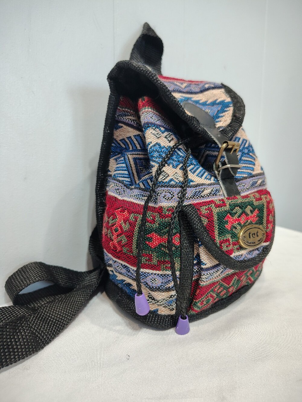 Vintage TET Collection Turkey Woven Tapestry Mini Backpack Geometric Grunge Boho - Picture 3 of 13